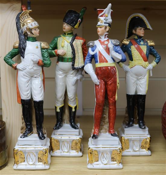 A set of four Capo di Monte style Napoleonic officers, tallest 31cm